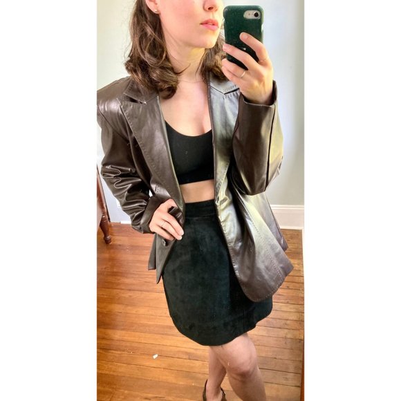 Vintage 100% Leather Y2K Chocolate Brown Blazer Jacket - Picture 9 of 9